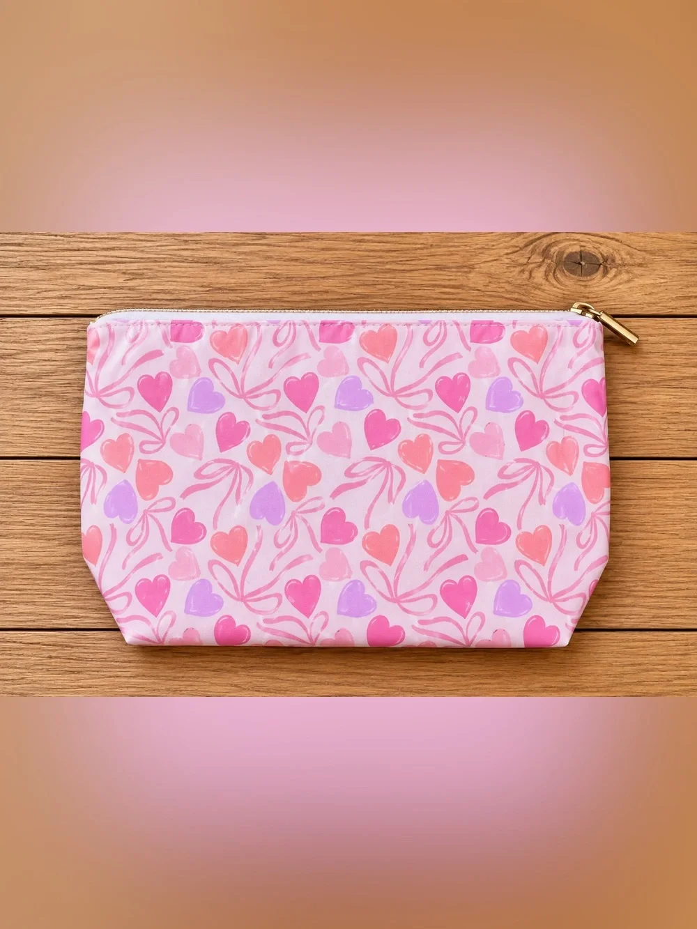 Pink Heart-Print Cosmetic Bag with Gold Zipper